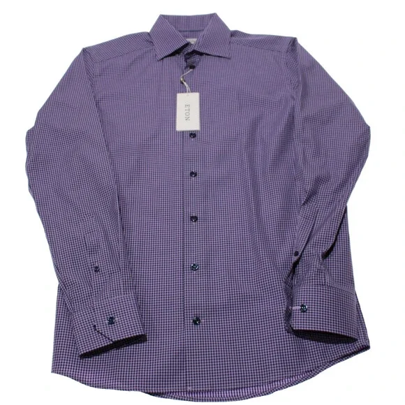 Eton NWT Casual Button Down Shirt Size 38 15 S Slim Fit in Purple/Blue Check